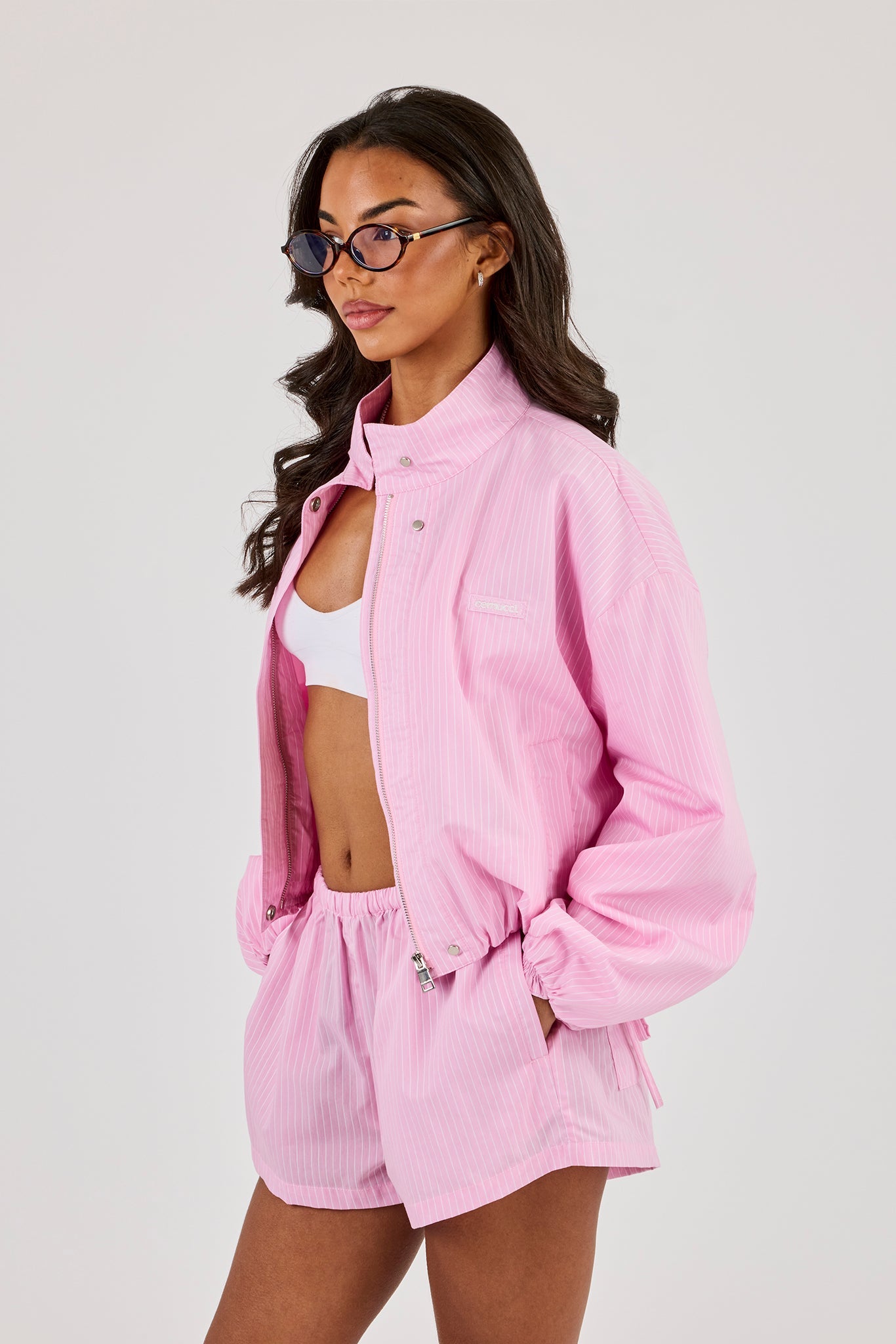 Stripe Nylon Funnel Neck Jacket - Pink